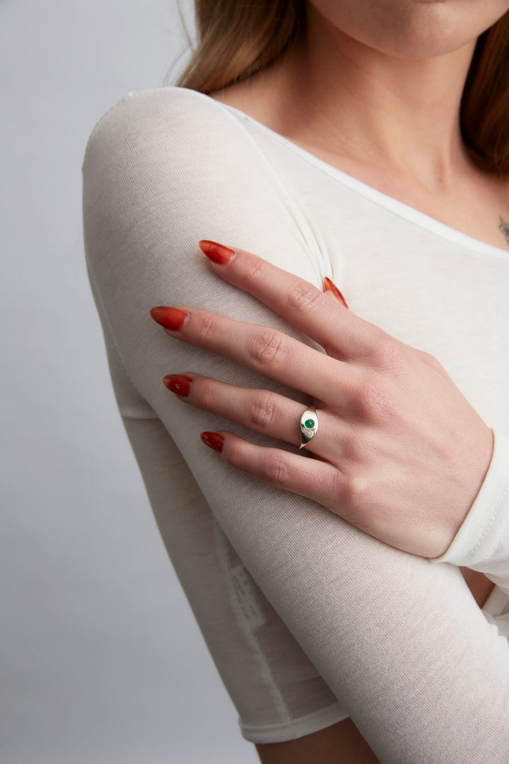 Hurricane Ring with emerald in sterling silver, architectural statement ring by TOLEDO Los Angeles, available now ready to ship
